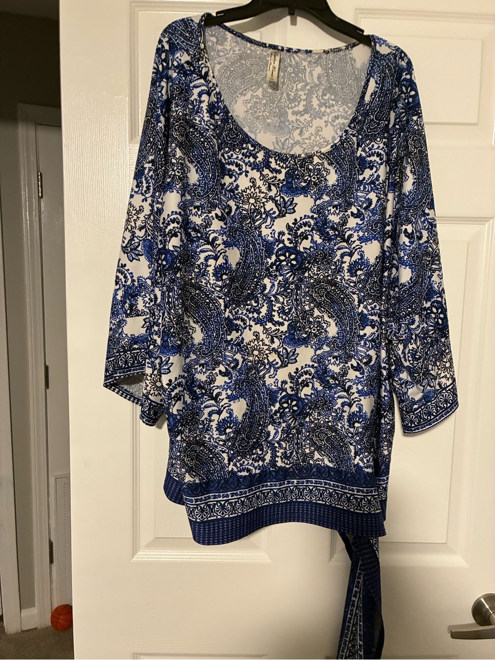 Perseption Blue & White Paisley Scoop-Neck Tunic with Waist Sash